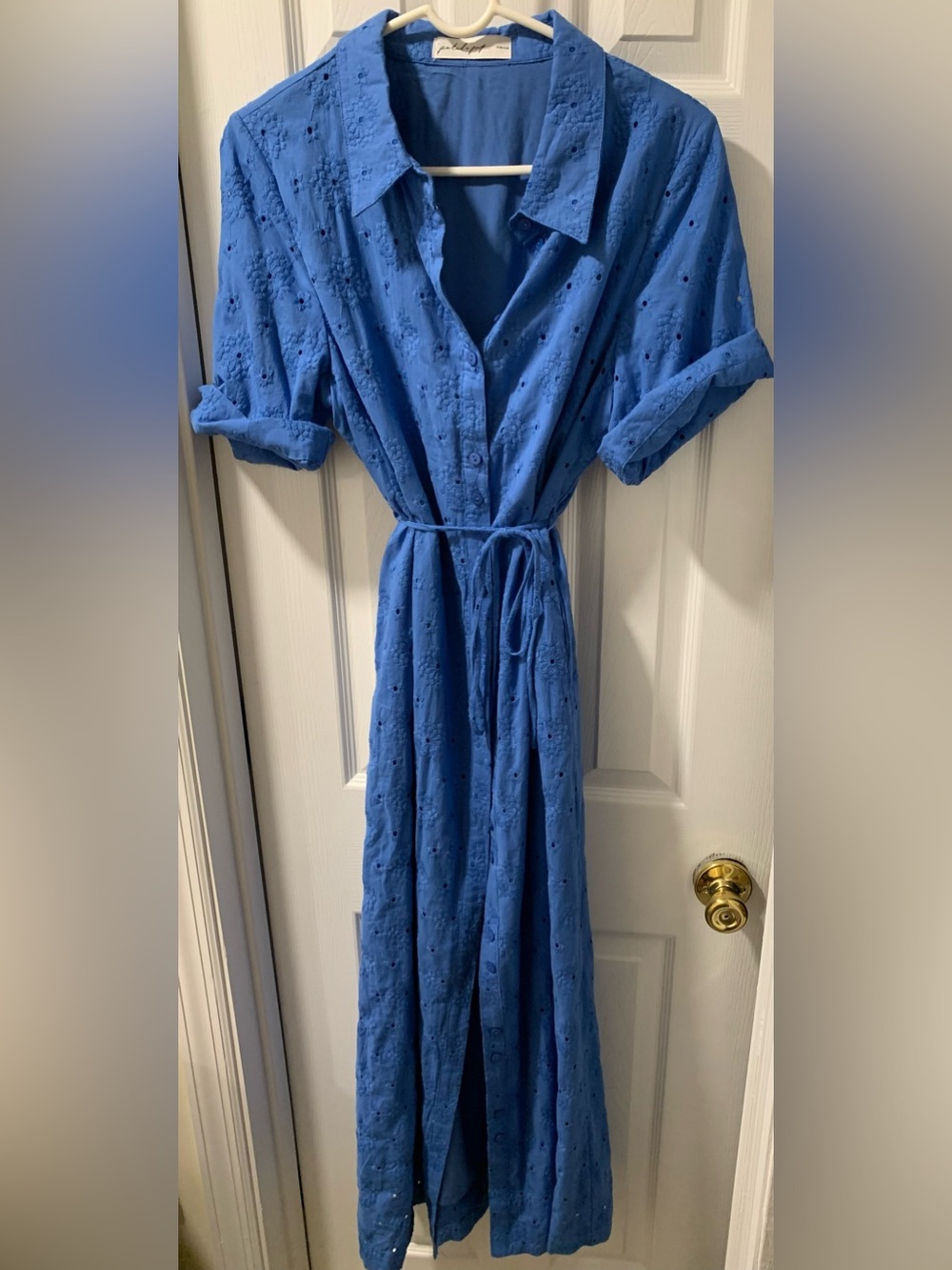 Petal & Pup Blue Eyelet Maxi Shirt Dress with Tie Waist
